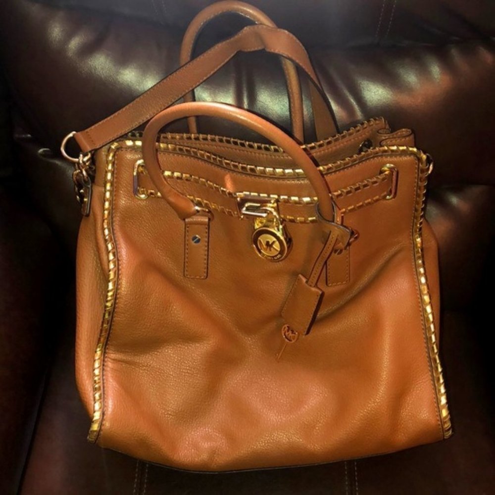 Michael Kors | Large Hamilton Whipstitch, Gold-Studded, Tan Leather Bag